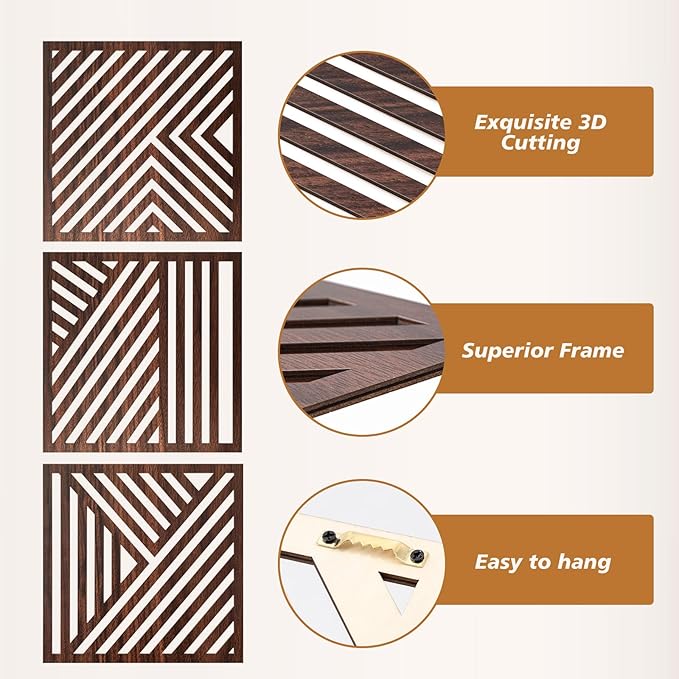 Yerliker 16×16 Inch Boho Wooden Wall Sculptures Geometric Abstract Wood Wall Art Decor Set of 3 Slatted Wood Design for Living Room Bedroom Office Rustic Home Decoration