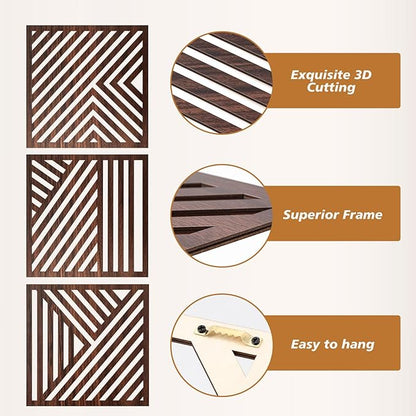 Yerliker 16×16 Inch Boho Wooden Wall Sculptures Geometric Abstract Wood Wall Art Decor Set of 3 Slatted Wood Design for Living Room Bedroom Office Rustic Home Decoration