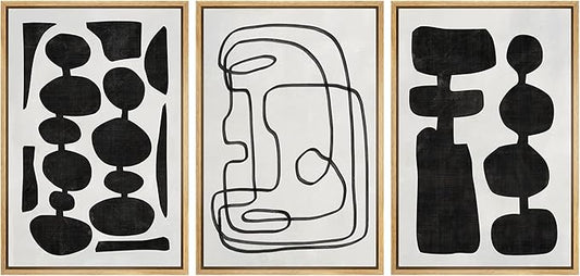 SIGNLEADER Framed Canvas Print Wall Art Set Retro Mid-Century Boho Duotone Collage Abstract Shapes Illustrations Minimal Decorative Bohemian Nordic for Living Room, Bedroom, Office - 24"x36"x3 NATURAL