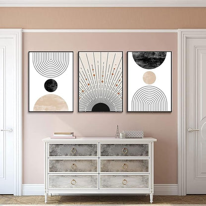 LOARTVE 3Pcs Beige Boho Wall Art Mid Century Modern Wall Decor Pictures Neutral Abstract Geometric Line Minimalist Canvas Posters Prints for Living Room Bedroom Office Home Decoration Unframed