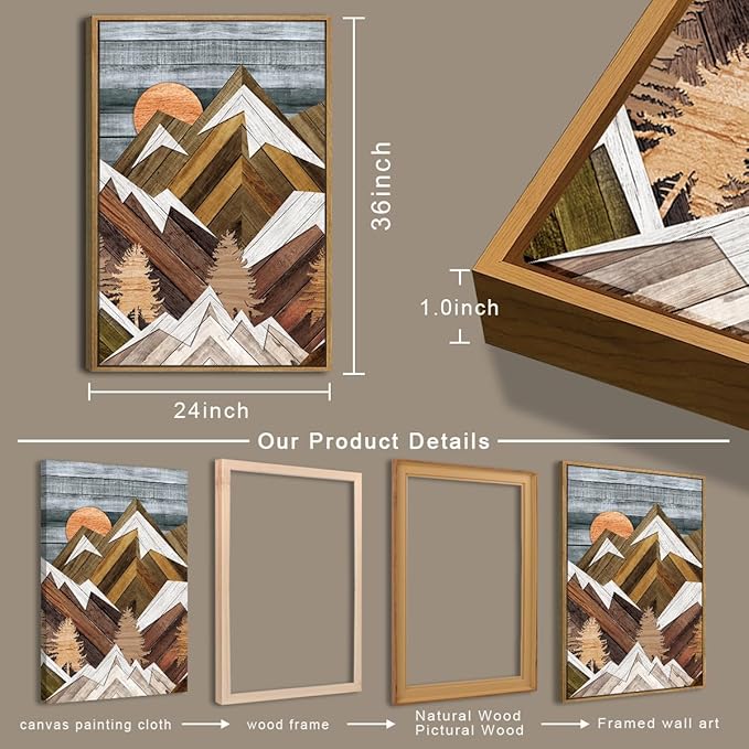 BINCUE Extra Large Mountain Wall Art Farmhouse Mountain Wall Decor Large Landscape Artwork 24x36 Inches Set of 3 Framed Rustic Painting Boho Mountains Artwork for Living Room Bedroom Office