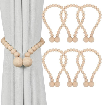 KLOGTSIND Magnetic Curtain Tiebacks, Curtain Tie Backs for Curtains 6 Pack, Wood Bead Curtain Tiebacks, Curtain Holders for Boho Bedroom Decor, Baby Nursery Decor, Farmhouse Décor