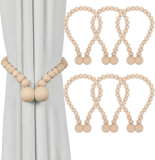 KLOGTSIND Magnetic Curtain Tiebacks, Curtain Tie Backs for Curtains 6 Pack, Wood Bead Curtain Tiebacks, Curtain Holders for Boho Bedroom Decor, Baby Nursery Decor, Farmhouse Décor