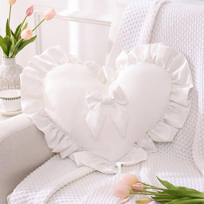 MOJUN Heart Pillows, White Bow Ruffle Love Heart Shaped Throw Pillows Decorative Pillow Cushion for Sofa Bed Living Room Home Decor Wedding Gifts Pillows, 19.6"×15.7"