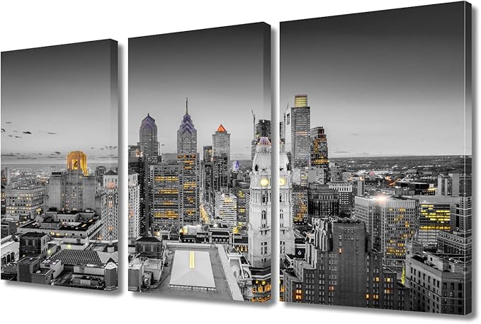 TUMOVO Home Decor Philadelphia Pennsylvania City Skyline Pictures Bathroom Decor Wall Art 3 Panel Nighttime Lightscape Contemporary Home Decor Print on Canvas Framed Ready to Hang (36" Wx24 H)