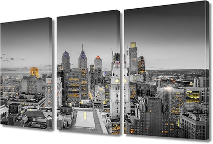 TUMOVO Home Decor Philadelphia Pennsylvania City Skyline Pictures Bathroom Decor Wall Art 3 Panel Nighttime Lightscape Contemporary Home Decor Print on Canvas Framed Ready to Hang (36" Wx24 H)