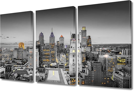 TUMOVO Home Decor Philadelphia Pennsylvania City Skyline Pictures Bathroom Decor Wall Art 3 Panel Nighttime Lightscape Contemporary Home Decor Print on Canvas Framed Ready to Hang (36" Wx24 H)
