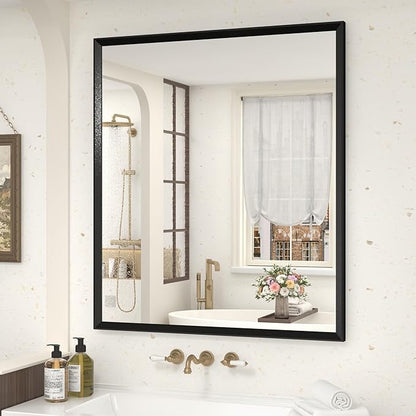 28" x 32" Matte Black Framed Bathroom Mirror for Wall, Rectangular Beveled Vanity Mirror with Aluminum Alloy Frame, Right Angle Corner, HD Reflection, Horizontal or Vertical Mount