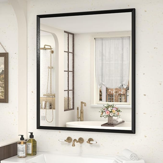28" x 32" Matte Black Framed Bathroom Mirror for Wall, Rectangular Beveled Vanity Mirror with Aluminum Alloy Frame, Right Angle Corner, HD Reflection, Horizontal or Vertical Mount