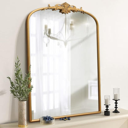 Besdomus Antique Arched Wall Mirror: 24"x36" French Large Arch Gleaming Gold Vintage Wall Mounted Mirror - Traditional Ornate Home Decor for Entryway/Fireplace/Bathroom - Idea for Homemakers