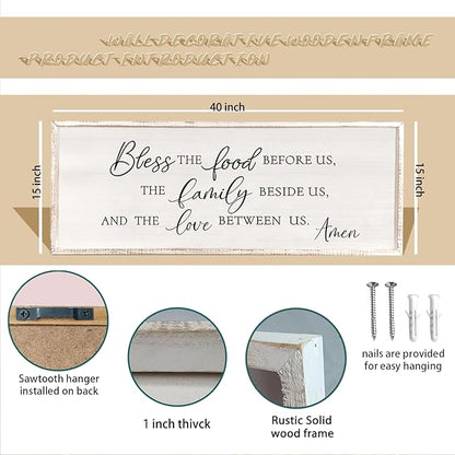 Bless the Food Before Us Wall Decor Sign 40" X 15" Dining Room Wall Decor Framed Wood for Large Farmhouse Vintage Prayer Catholic Kitchen Wall Hanging Scripture Bible Verse Art (White)