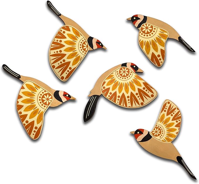 Vumyhuby 5 Pcs Yellow Wooden Bird Wall Art | Rustic Folk Art Wall Decor for Indoor Use | Handcrafted Wood Flying Birds Wall Hangings for Living Room, Bedroom, Kitchen, Office | Scandinavian Home Decor Gift