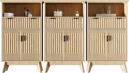 Fatmok Buffet Cabinet with Storage Set of 3, 40" Modern Fluted Coffee Bar Cabinet with Drawer & Open Shelf, Wood Buffet Sideboard Console Table for Entryway, Kitchen, Living Room (Natural Wood)