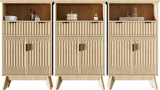 Fatmok Buffet Cabinet with Storage Set of 3, 40" Modern Fluted Coffee Bar Cabinet with Drawer & Open Shelf, Wood Buffet Sideboard Console Table for Entryway, Kitchen, Living Room (Natural Wood)