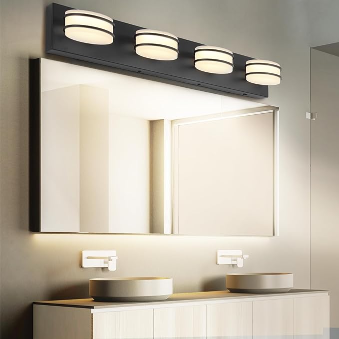 GOODATE 3 Color Temperature Dimmable Bathroom Light Fixtures Over Mirror, LED Black 4 Light Vanity Lighting Fixtures, Acrylic Stainless Steel Oval Shade Vanity Lights for Bathroom, ETL Certificated