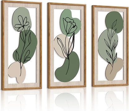 HPNIUB 3 PCS Minimalist Floral Wall Decor, Boho Green Geometric Hanging Wood Sign for Living Room, 8x16Inch Modern Bohemian Botanical Leaf Wooden Plaque for Apartment Bedroom Office Decoration