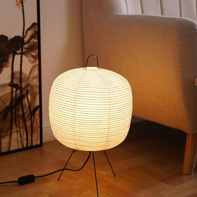 Japanese Noguchi Inspired Table Lamp Zen Rice Paper Lantern with Warm Light for Bedroom Living Room or Office Modern Japandi Decor(Pebble)