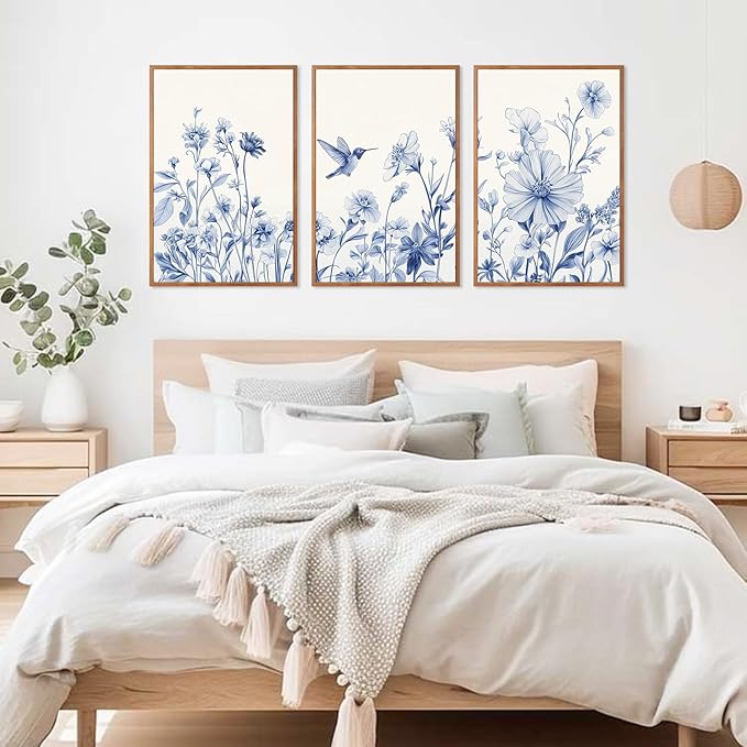 HLNIUC Vintage Blue Bird Flower Framed Canvas Wall Art,Large Chinoiserie Floral Wall Decor,Blue White Botanical Artwork Set of 3 (24x36),Watercolor Blossom Prints for Living Room,Bedroom,Office