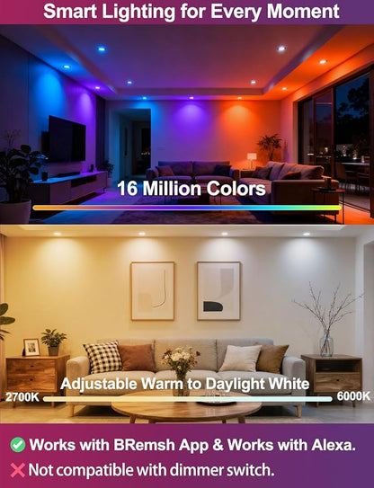 ILC 6 inch led recessed Light, Work with Alexa (Hub Required), App Controlled, RGB Color Changing, 16 Million Colors, CCT: 2700K-6000K, 14W, 120W Equivatlent, 1400LM, CRI 90, Bluetooth Mesh, 6 Packs