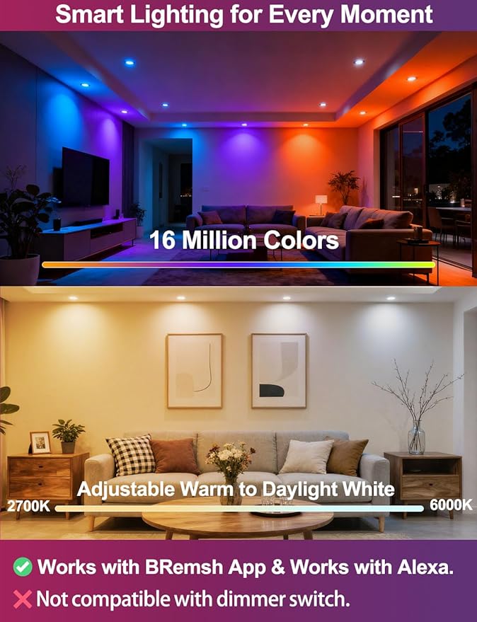 ILC 4 Inch LED Recessed Lighting Compatible with Alexa (Hub Required), 10W, APP Controlled, RGB Color Changing, 2700K-6000K, 100W Equivalent, Canless Recessed Ceiling Lights,Bluetooth MESH (6 Packs)