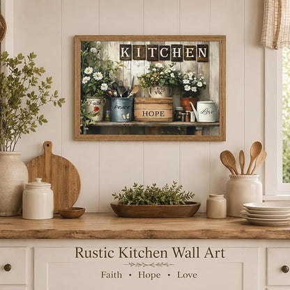 Framed Rustic Kitchen Wall Art Inspirational Kitchen Painting Picture Decor Country Daisy Poster Print Artwork for Restaurant Home Decoration