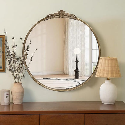 30‘’ Antique Gold Round Wall Mirror with Metal Flower Carving Frame, Small Vintage Retro Baroque Mirror Ornate, Vanity Mirror for Bathroom, Fireplace,Entryway, Living Room (round vindage gold