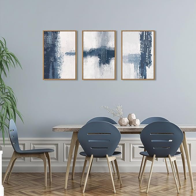 Celestdeco Large Abstract Navy Blue Grey Framed Canvas Wall Art Set,Modern Minimalist Wall Decor,Neutral Brush Stroke Artwork for Living Room,Bedroom,Dining Room,Office-24 x36 x3