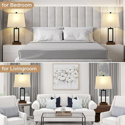 Lolikit Table Lamp for Bedroom Set of 2 with 2 USB Ports and AC Power Outlet, 23.5" Modern Bedside Lamp, Wood Nightstand Lamp with Linen Shade for Living Room Hotel Desk(LED Bulb Included)