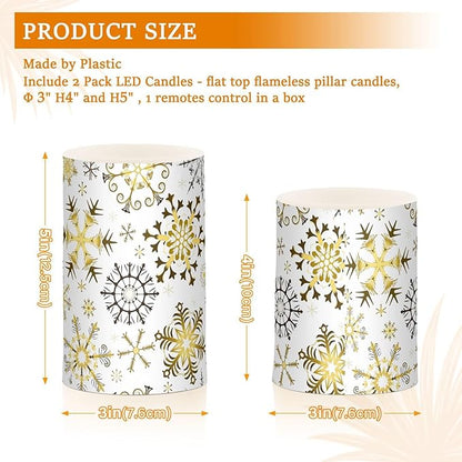 Christmas Lights Decorations Flameless Candles Golden Snowflake White Pillar Candles Set of 2 Battery Operated Remote Control Warm Lights
