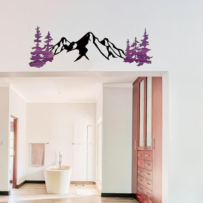 Yuzhuo Metal Mountain Wall Art Decor, Mountain Forest Silhouette Art Suitable for Living Room Bedroom Indoor Outdoor Garden Home Decoration (Purple, 34.5L x 11W)