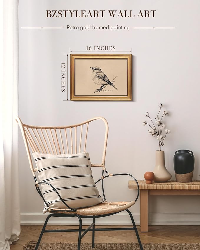 Bzstyleart Vintage Wall Art Decor for Living Room, Framed Vintage Bird Wall Art Canvas Prints Home Decor Aesthetic, Sketch Painting Picture for Bedroom Kitchen, New York State, 12L x 16W