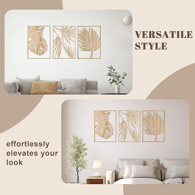 Jinzhenhong 3Pcs Modern Wooden Wall Sculptures, Leaf Sign Vintage Tropical Plant Wall, Wood Rustic Palm Leaf Wall Art Decor for Living Room Bathroom Bedroom Office (Leaf 1 Light Brown)
