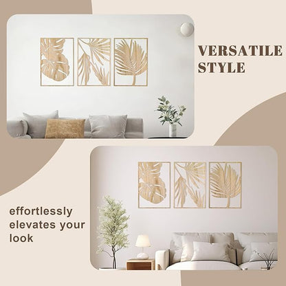 Jinzhenhong 3Pcs Modern Wooden Wall Sculptures, Leaf Sign Vintage Tropical Plant Wall, Wood Rustic Palm Leaf Wall Art Decor for Living Room Bathroom Bedroom Office (Leaf 1 Light Brown)