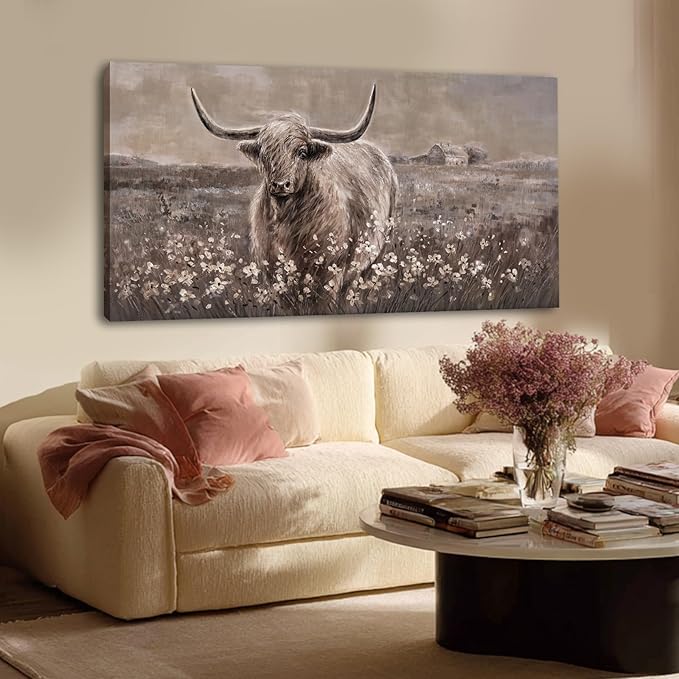 Beige and Brown Highland Cow Canvas Wall Art - 24x48 Inch Framed Large Painting for Rustic Farmhouse Living Room, Vintage Bedroom, Office Decor, Cow Lover Gift