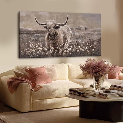 Beige and Brown Highland Cow Canvas Wall Art - 24x48 Inch Framed Large Painting for Rustic Farmhouse Living Room, Vintage Bedroom, Office Decor, Cow Lover Gift