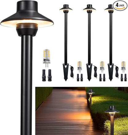 Gardenreet Outdoor Brass Pathway Lights, Low Voltage Landscape Path Light Wired, 12V Walkway Lighting LED IP65 Waterproof, Hat Black for Outside Garden Yard with 2700K Warm White G4 Bulb (4 Pack)