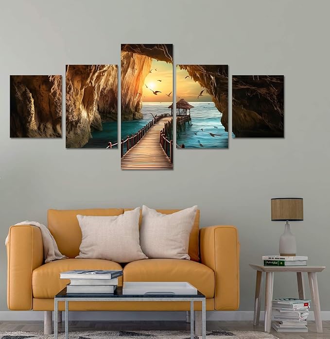 Yatsen Bridge 5 Piece Ocean Sunset Canvas Wall Art Seascape Pictures Seagulls Rock Landscape Home Decor for Living room Bedroom Wall Decoration Framed Ready to Hang - 60''W x 32''H