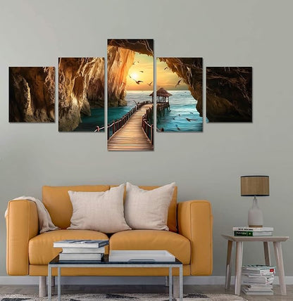 Yatsen Bridge 5 Piece Ocean Sunset Canvas Wall Art Seascape Pictures Seagulls Rock Landscape Home Decor for Living room Bedroom Wall Decoration Framed Ready to Hang - 60''W x 32''H