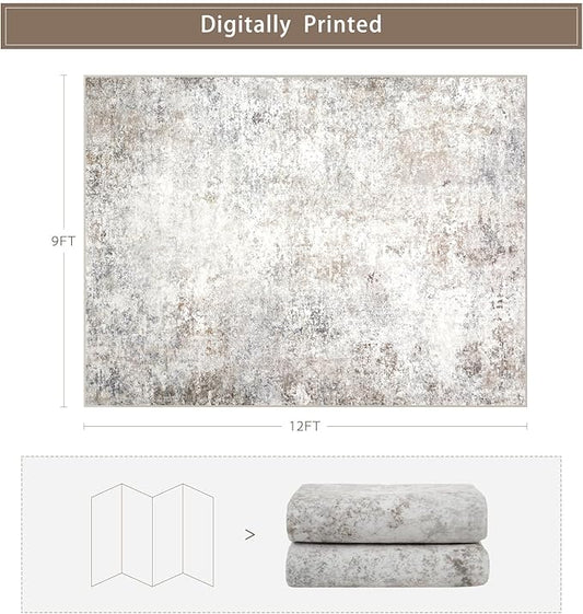 Modern Washable Rugs 9x12 Area Rugs for Living Room,Abstract Rugs for Bedroom,Large Carpets,Ultra Soft Faux Wool Retro Dining Room Rug,Non Slip&Non-Shedding Low Pile Print Rug- Beige Grey