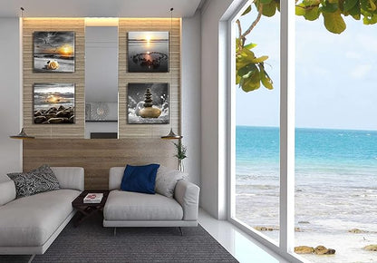 Bamdeya Beach Wall Art Canvas Zen Prints Art Black and White Wall Decor Gold Sea Sunset Seascape Wall Pictures Ocean Sunrise Love Painting for Living Room Bathroom Decor Home Decoration Framed