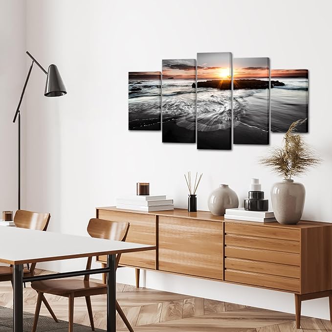 SkenoArt 5 Panels Large Ocean Beach Pictures Canvas Wall Art Modern Black and White Gold Sunset Seascape Artwork for Living Room Home Office Wall Decor Ready to Hang