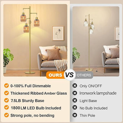 Modern Floor Lamp for Living Room, Dimmable Glass Standing Lamp Vintage Retro 3 Lights Tall Floor Lamps with Amber Lamp Shade Mid Century Tree Lamp, 3×6W Bulbs Included