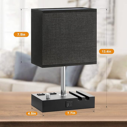 Fully Dimmable Bedside Lamps for Bedroom with USB C Ports, Kakanuo Black USB Table Lamp Set of 2, Wooden Desk Lamp with 2 Charging Outlets and Phone Stand for Nightstand and Living Room, Bulb Included