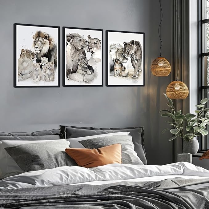 Lion Family Framed Canvas Wall Art Wildlife Animal Decor for Country House Apartment Living Room Vintage Farmhouse Nature Lion Portrait Print Artwork Wall Decor Easy to Hand 12x16inchx3pcs