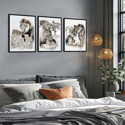 Lion Family Framed Canvas Wall Art Wildlife Animal Decor for Country House Apartment Living Room Vintage Farmhouse Nature Lion Portrait Print Artwork Wall Decor Easy to Hand 12x16inchx3pcs