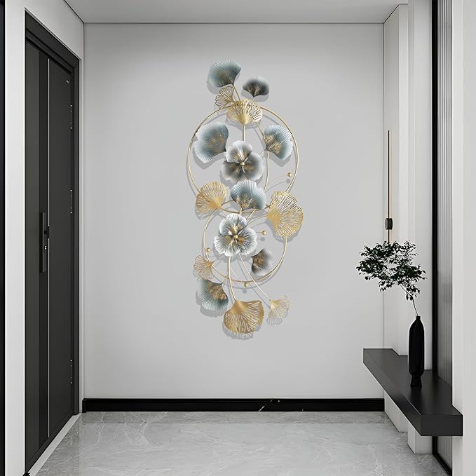 QXSXKJ 3D Metal Wall Art Decor Gold, 59" Large 3d Wall Decor, Modern Ginkgo Leaf Wall Decoration, Adornos Pare Sala Modernos, Hanging Sculptures For Living Room Dining Room Bedroom