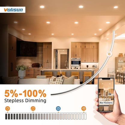 VOLISUN 24 Pack 4 inch Recessed Lighting, 5CCT LED Recessed Light with Junction Box, 2700K-5000K Selectable, 9.5W Eqv 80W, 810LM Dimmable Canless Wafer Downlight, LED Ceiling Light ETL Certificated