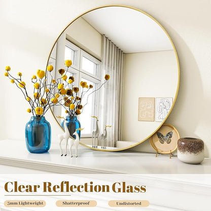 VooBang Gold Round Bathroom Mirror, 24 inch Circle Wall Mounted Hanging Mirror with Simple Modern Circular Metal Frame for Hallway, Entryway, Living Room, Gold Frame