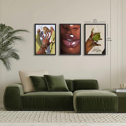 Hianan Black Girl Canvas Wall Art Set of 3, Wood Framed African American Woman Wall Decor, Fashion Black Women Poster Prints, Abstract Black Girl Aesthetic Pictures for Living Room Bedroom 12"x16"