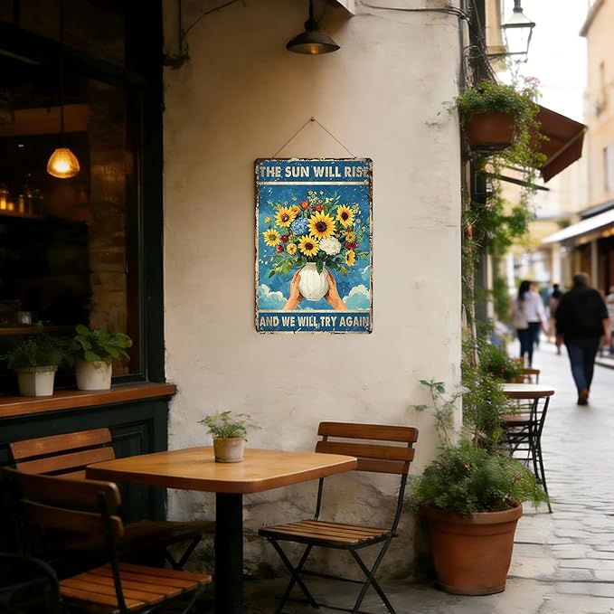 Inspirational Wall Art The Sun Will Rise Sunflower Ventage Retro Decor Metal Tin Sign Cute Funny Poster Plaque for Home Decoration Coffee Bar 12x8 Inch